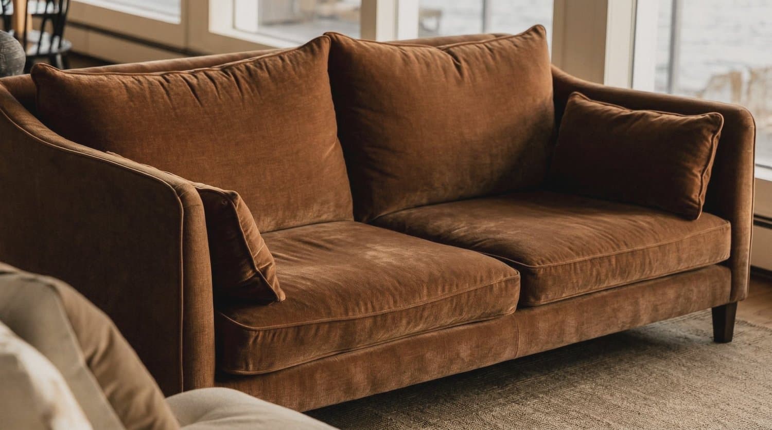 Brown two-seat lounge in a furnished rental living room, Newcastle