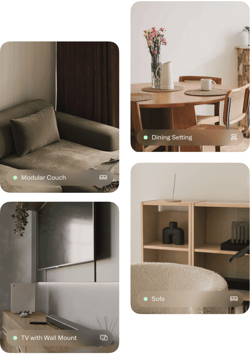 Grid of hire furniture and appliances: lounge, dining setting, TV unit, bedroom and armchair