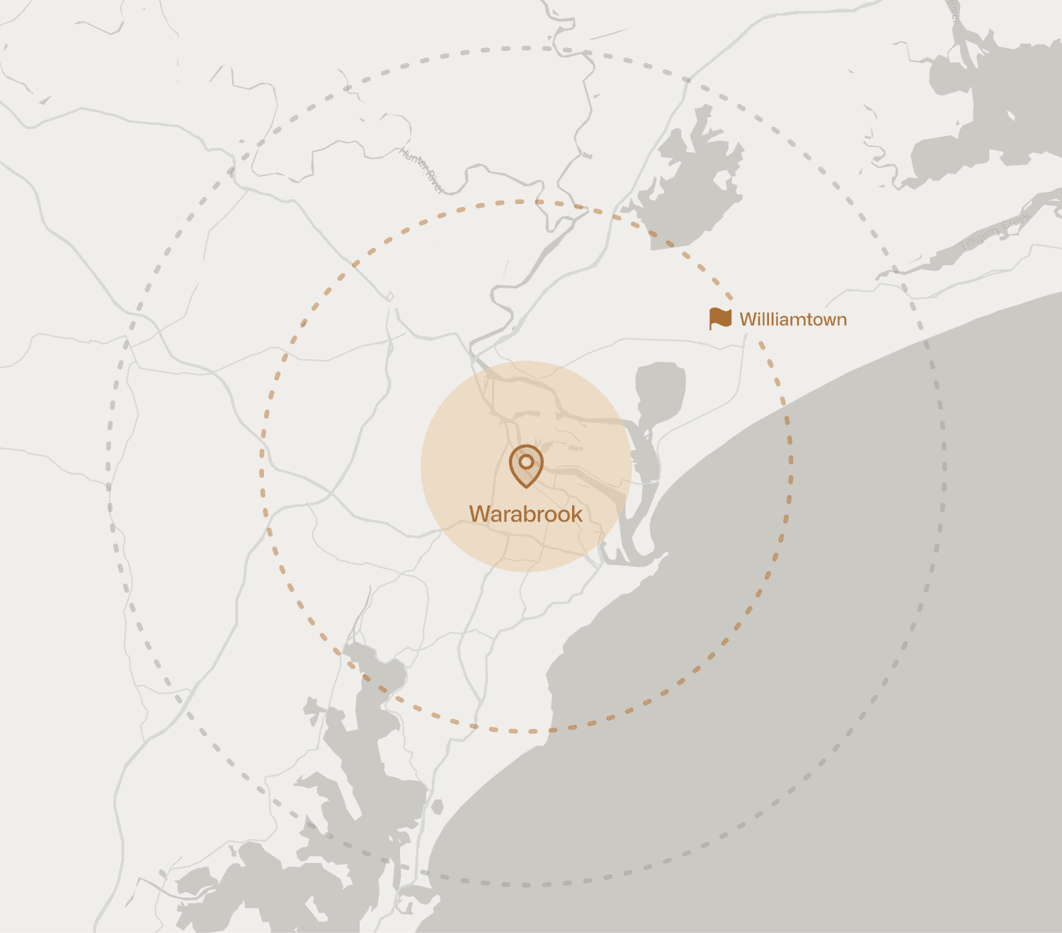 Map of the Hunter Hire Group service area: Newcastle, Port Stephens, Maitland, the Hunter Valley and the Central Coast