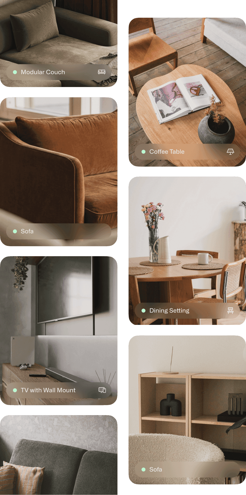Grid of hire furniture and appliances: lounge, dining setting, TV unit, bedroom and armchair